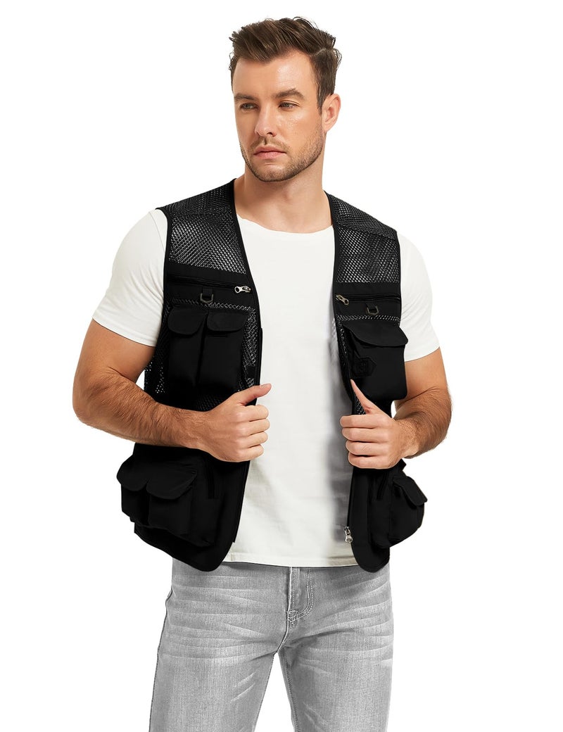 Flygo Men's Fishing Vest Utility Lightweight Outdoor Travel Safari Photo Cargo Vest with 16 pockets mesh Black XXL - Image 4